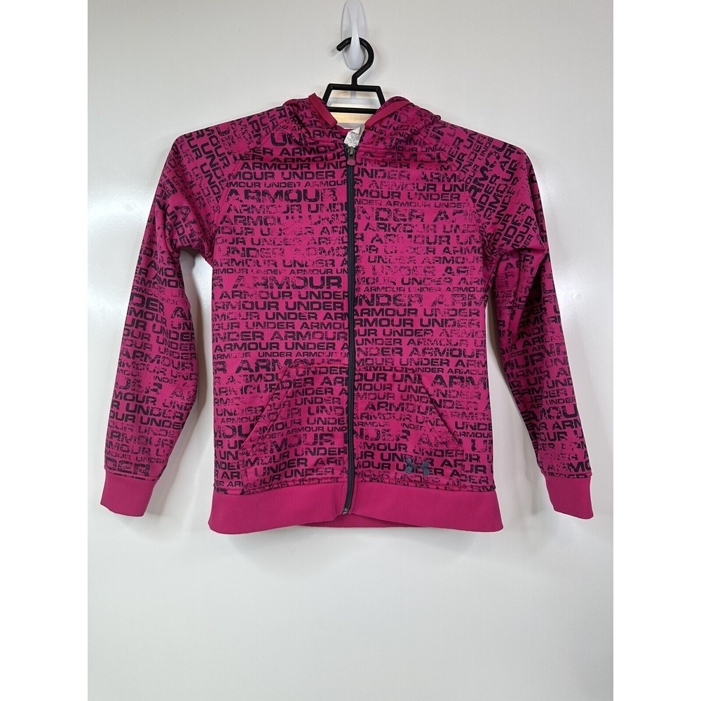 Under‎ Armour Full Zip Hoodie Women's Small Pink Black Logo Print Jacket